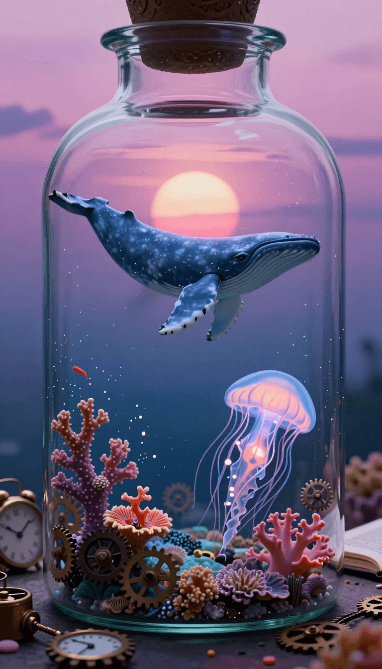 Opheliaai prompt:Dreamscape,A fantastical ocean scene displayed inside a huge glass bottle. In th…