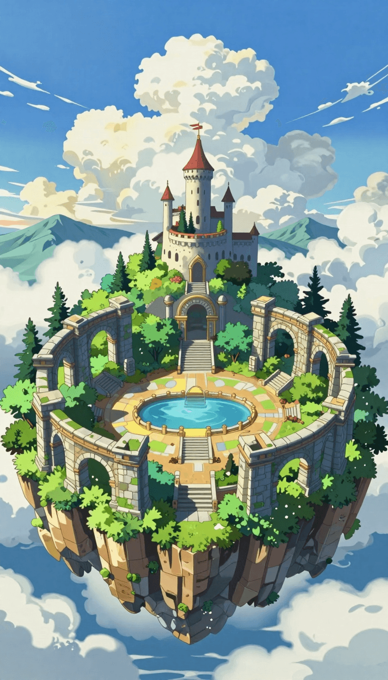 Opheliaai 提示詞:A vibrant, detailed digital painting depicts a fantastical, cloud-covered island…