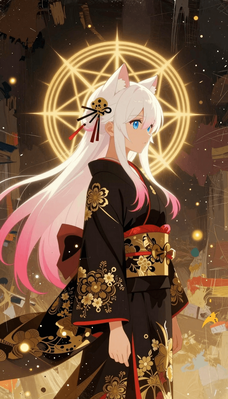 Opheliaai พรอมต์:Gallery-grade surreal anime art, a nekomimi girl with white hair featuring pink…