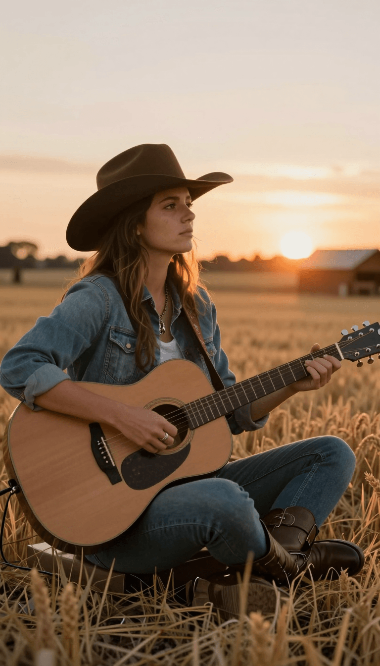 Opheliaai พรอมต์:🪕🌾 Tried converting to a country singer using AI Strumming a guitar on a ranch…