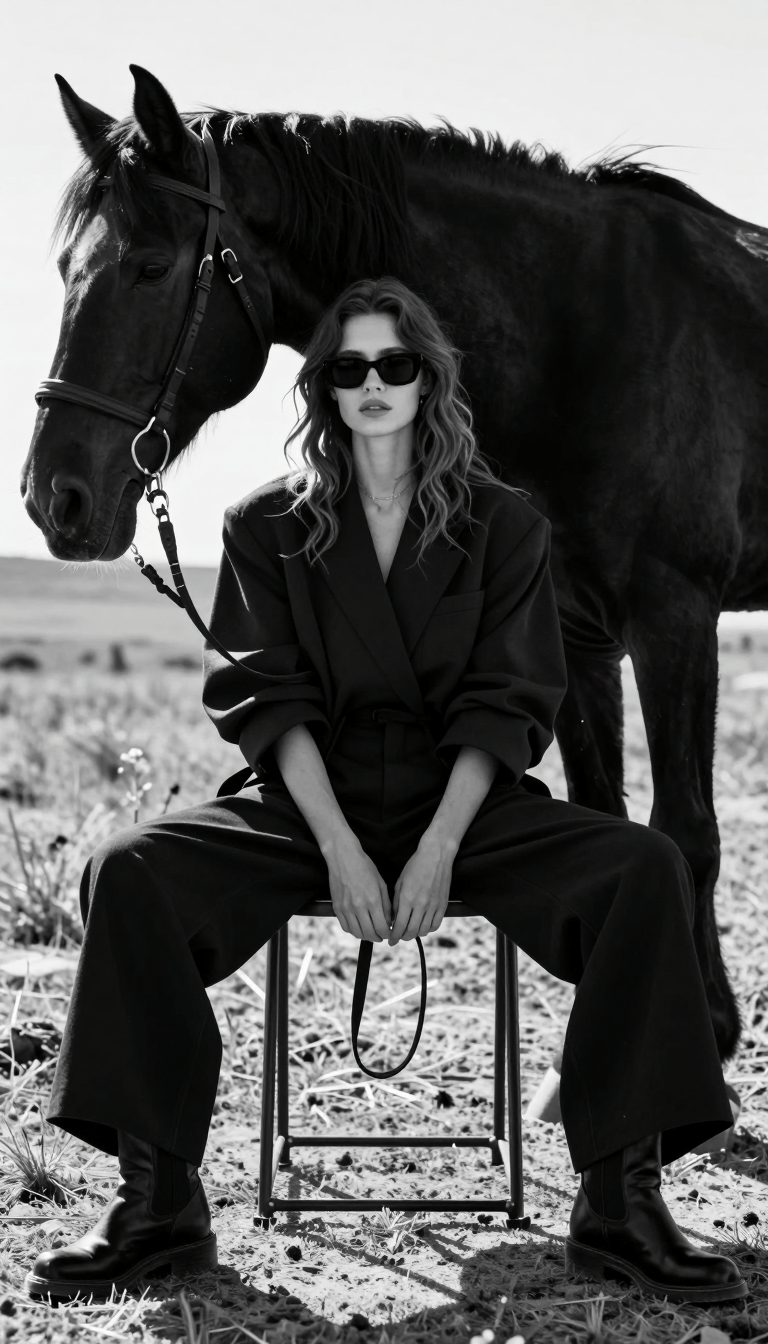 Opheliaai prompt:Without changing the face from the reference image. Monochrome fine-art fashion…