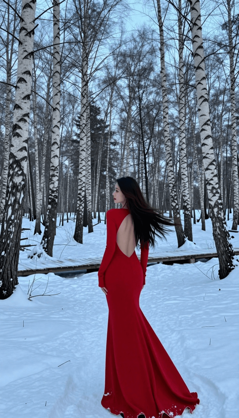 Opheliaai prompt:A woman with long, flowing hair stands with her back to the camera, wearing a vi…
