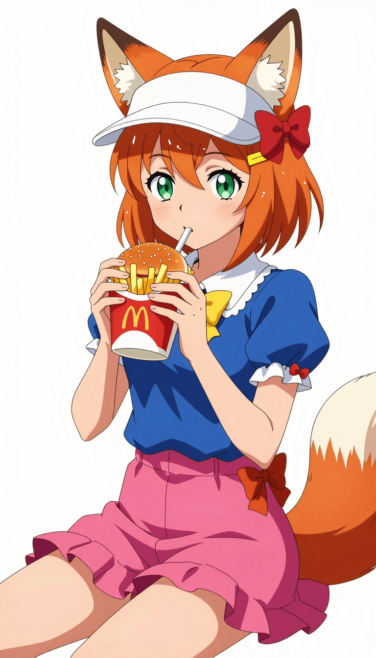 Opheliaai prompt:1girl,food,animal ears,solo,pink skirt,visor cap,holding,tail,burger,green eyes,…