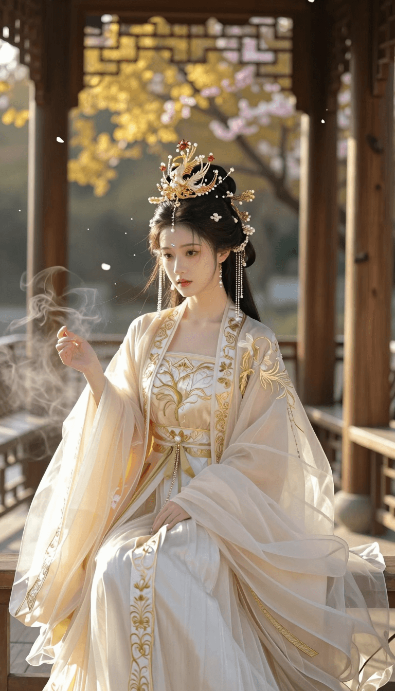 Opheliaai prompt:A stunningly beautiful ancient-style woman sits in an antique wooden pavilion, w…