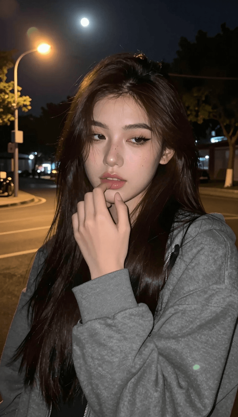 Opheliaai prompt:{ "main_prompt": "moody nighttime street portrait selfie of a stunning young wom…