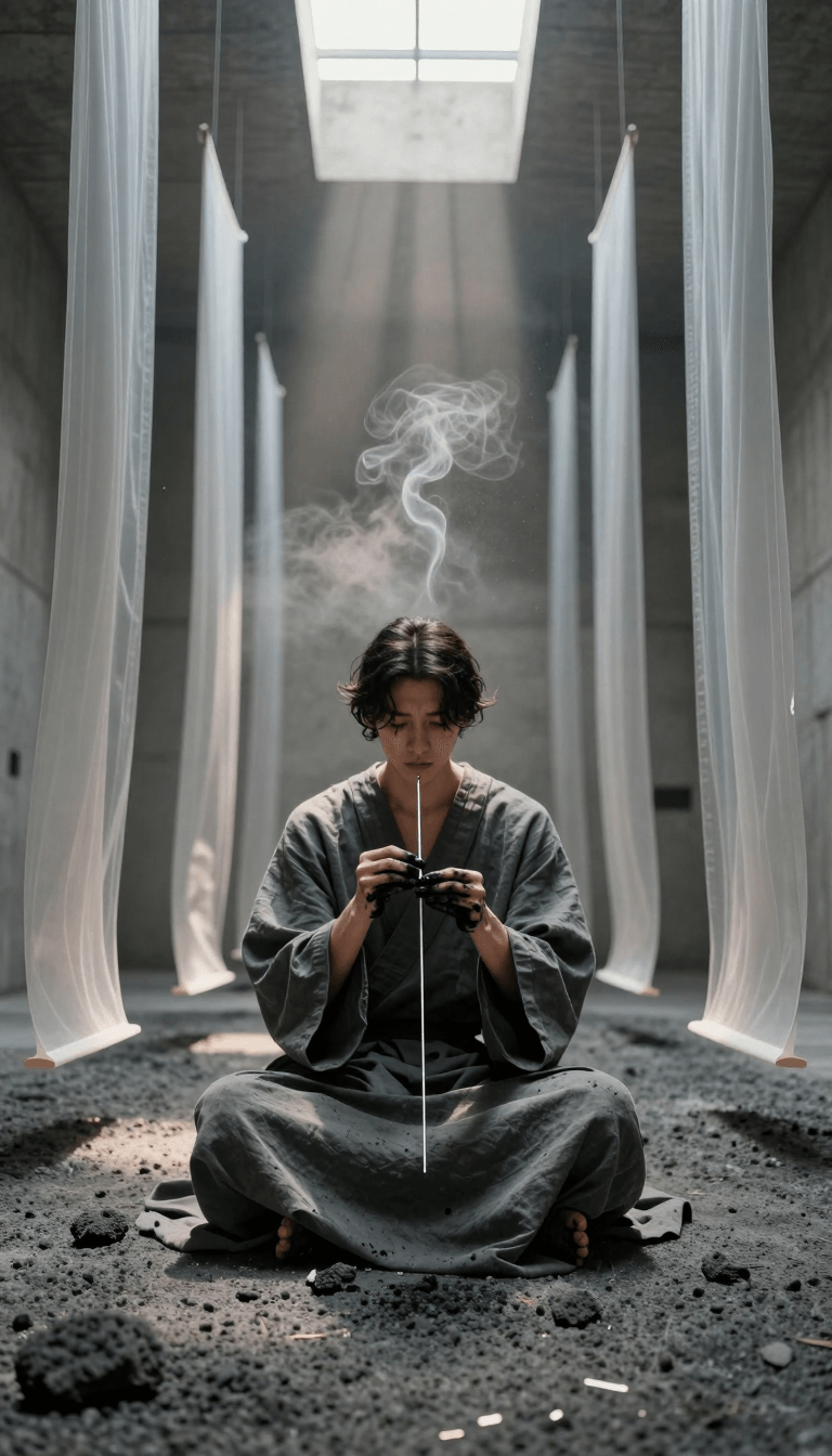 Opheliaai 프롬프트:{ "vibe_title_en": "The Symmetrical Ash Ritual", "master_prompt": "A hyper-reali…