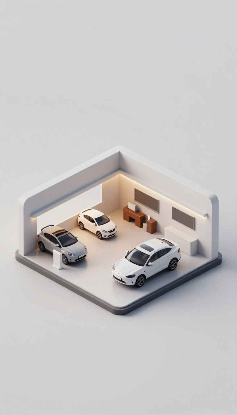 Opheliaai موجه:A clean, minimalist 3D isometric model showcasing a [car showroom], where [displ…