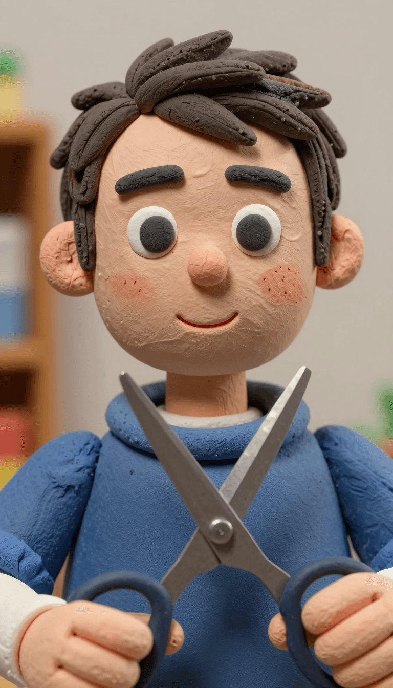 Opheliaai prompt:A close-up shot of a man with scissors, claymation, stop motion animation, minia…