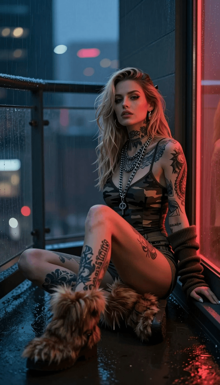 Opheliaai prompt:{ "prompt": "A cinematic urban night portrait of a tattooed woman sitting on a r…