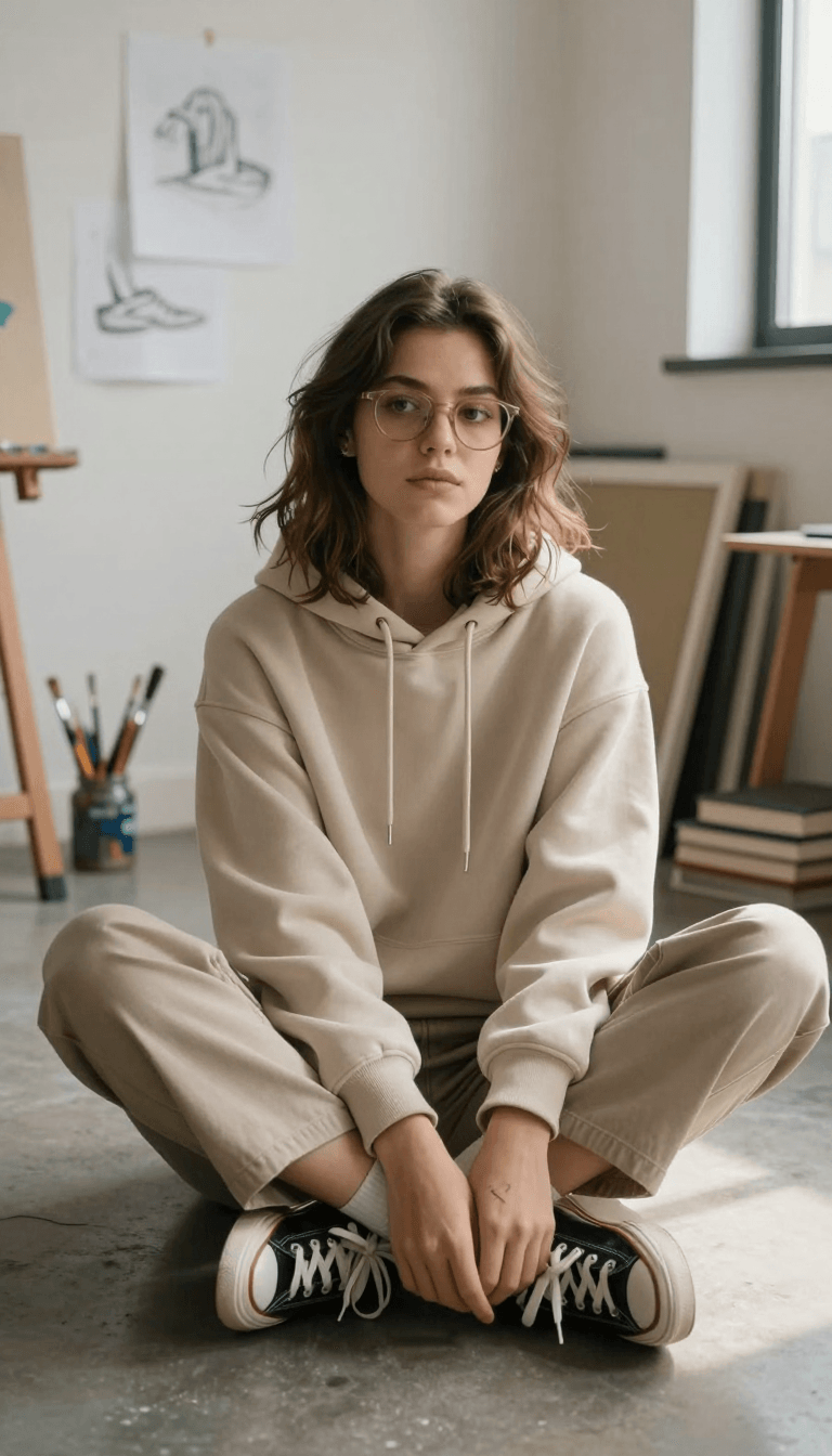 Opheliaai Prompt:{ "prompt": "A soft, understated art-school style photograph of a young woman si…