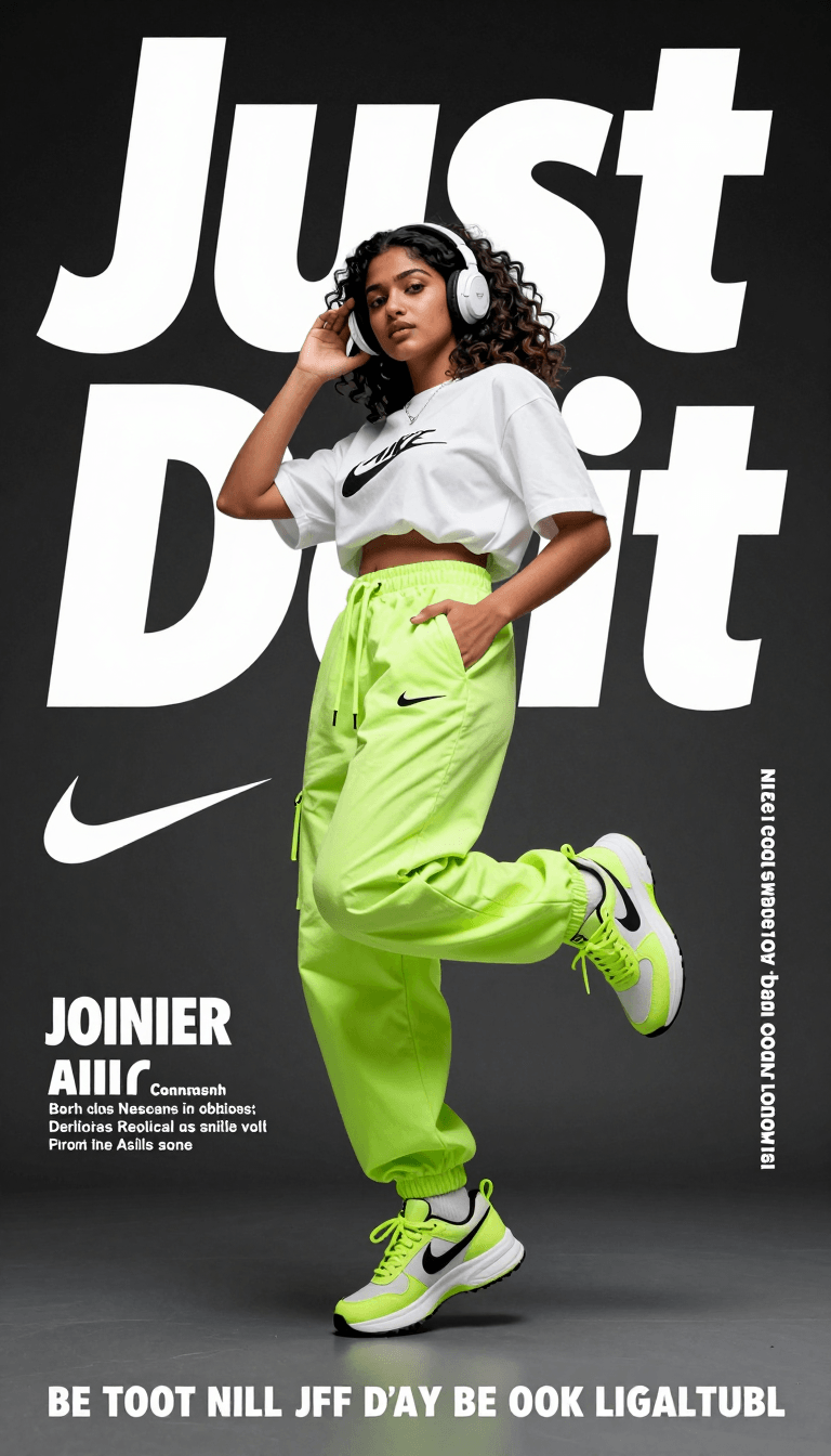 Opheliaai พรอมต์:Generate a perfectly graphic designed poster of Nike Shoe advertisement. The cha…
