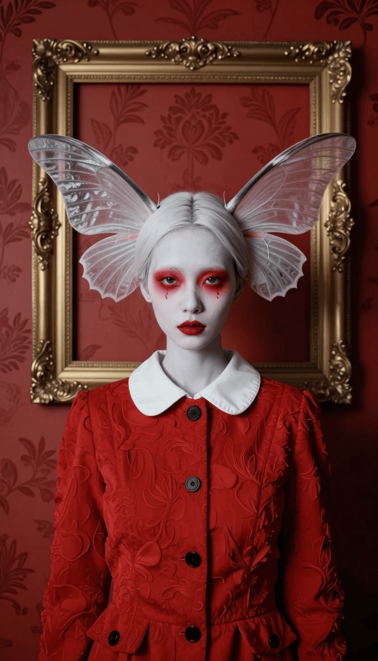 Opheliaai موجه:Surreal portrait photography, eye level, pale humanoid female with large moth wi…
