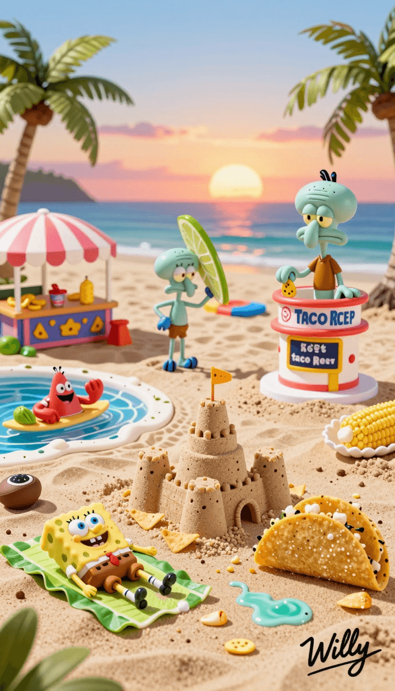 Opheliaai prompt:Micro diorama food photography: A taco beach resort with SPONGEBOB characters. S…