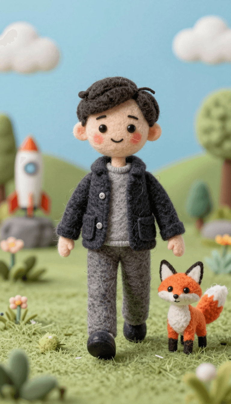 Opheliaai prompt:A handcrafted felt miniature scene featuring a soft wool doll character with sim…