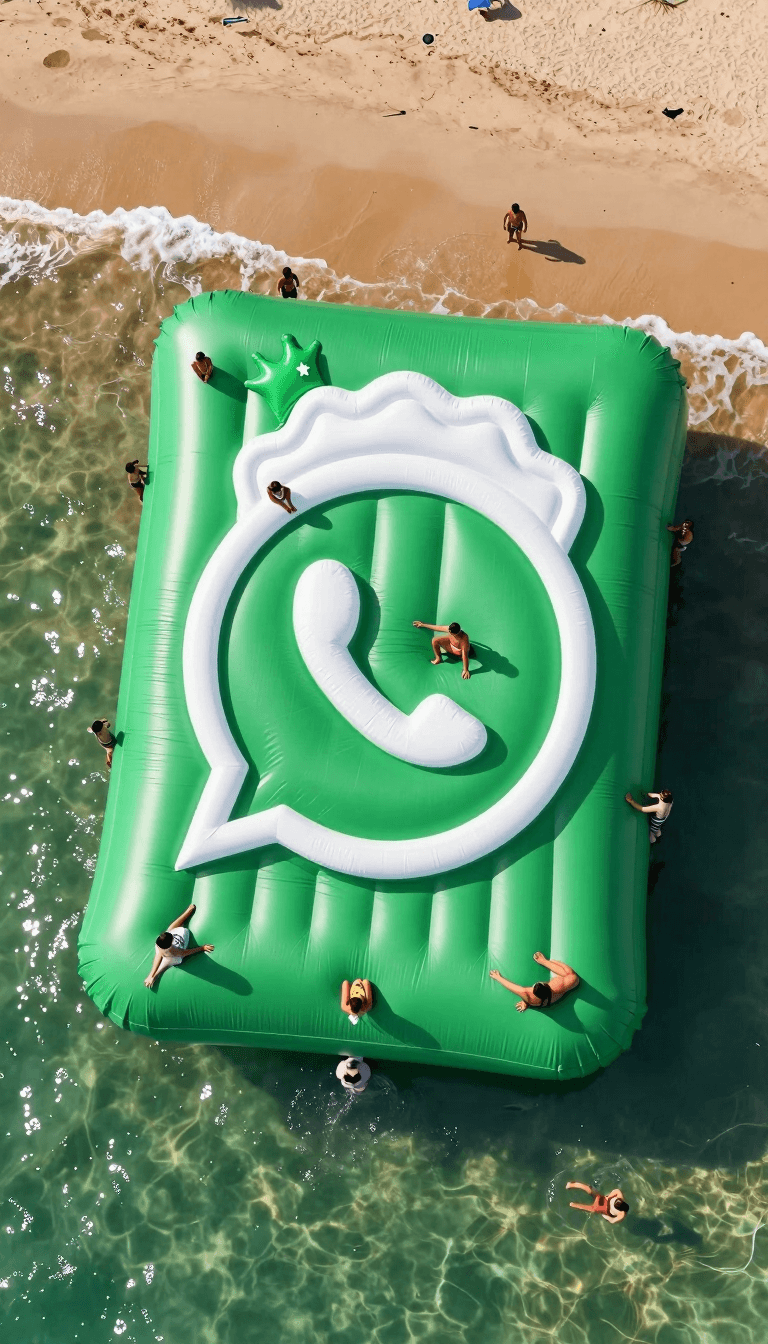 Opheliaai 提示词:{ "prompt": "massive giant inflatable WhatsApp logo floating in the ocean near t…