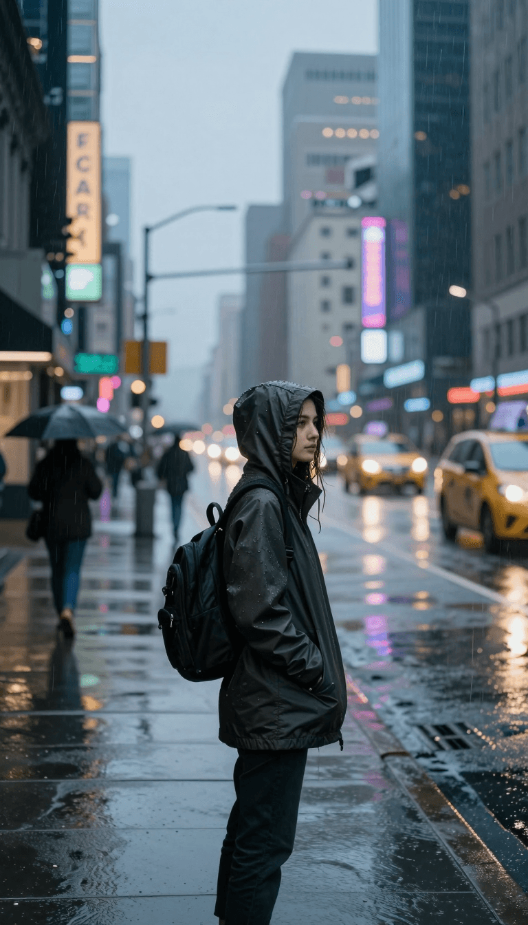 Opheliaai prompt:{ "project_type": "cinematic_image", "title": "Rain Doesn’t Pause the City", "cr…