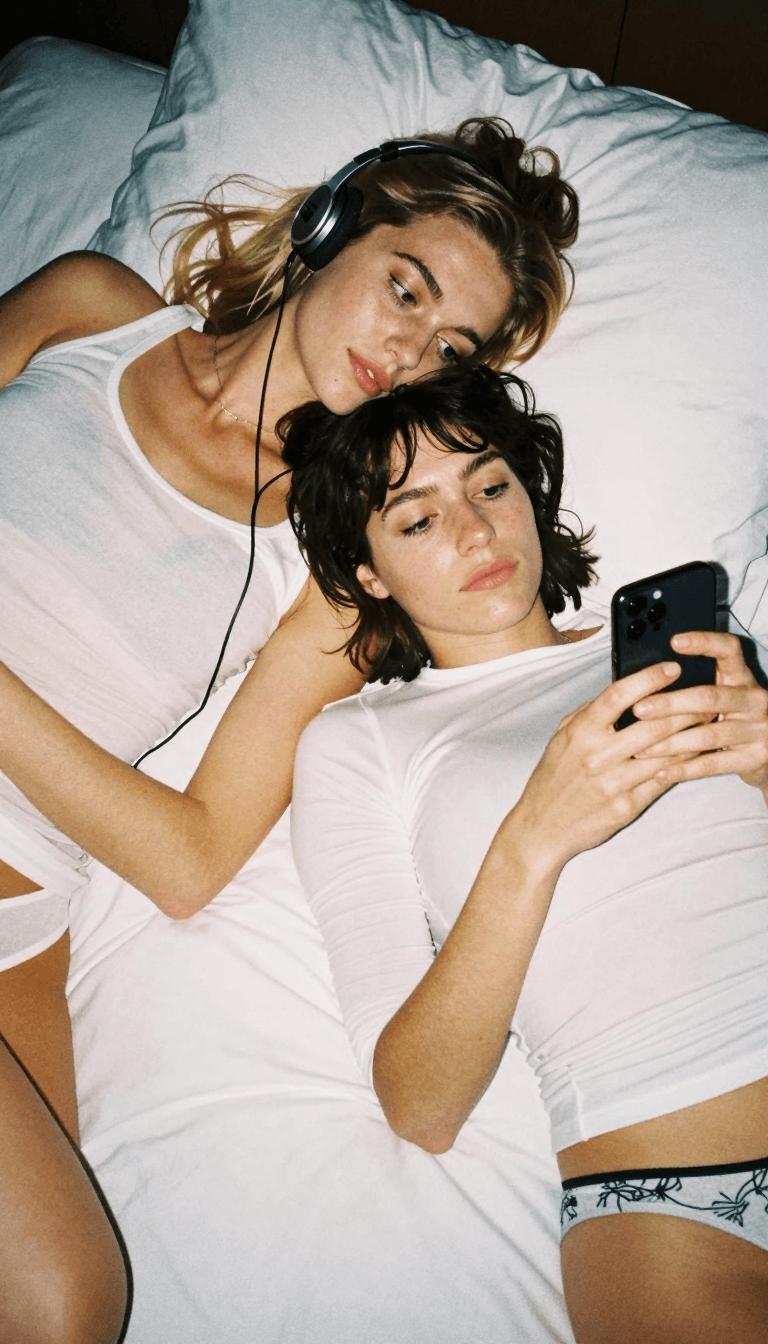 Opheliaai prompt:An intimate, candid lifestyle photograph of two sensual attractive young women l…