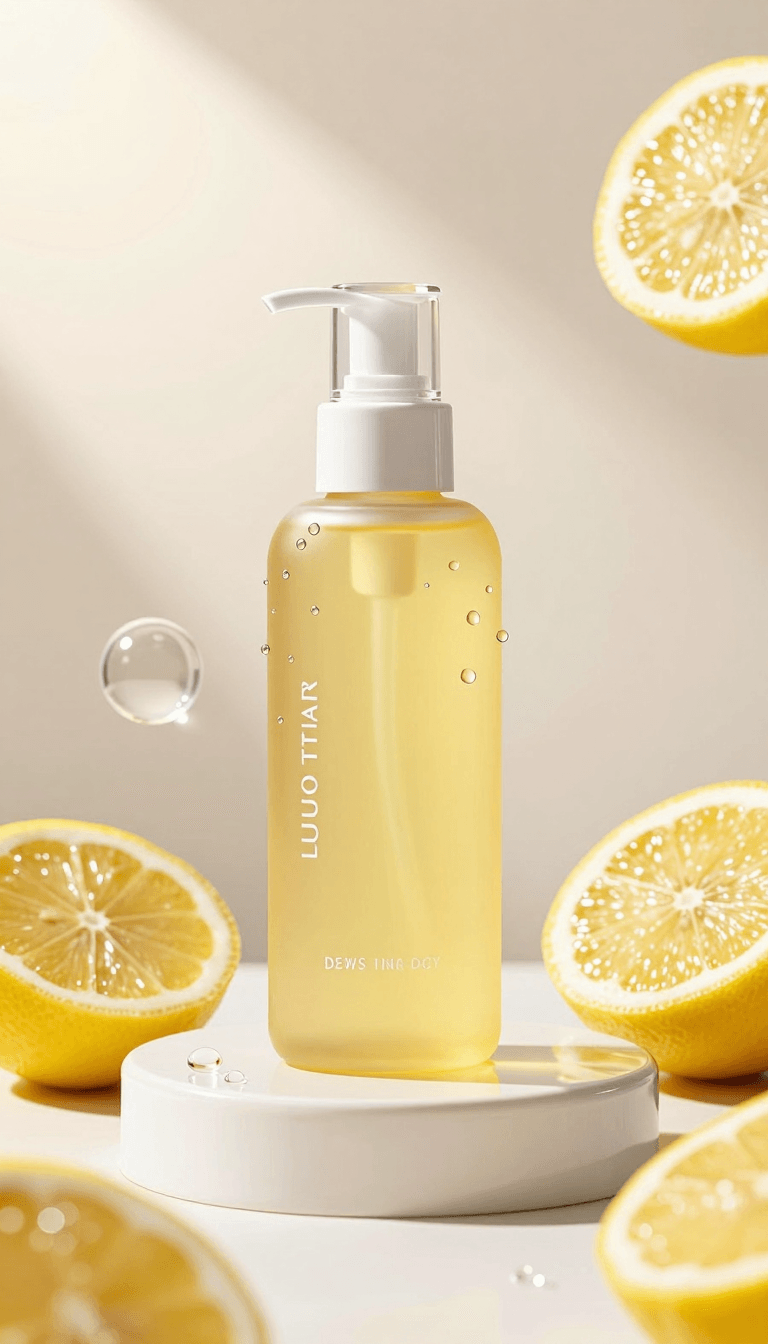 Opheliaai พรอมต์:Elegant yellow skincare bottle with crystal pump, surrounded by sliced lemons, s…