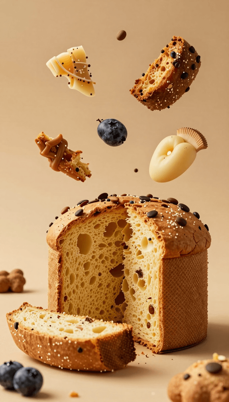 Opheliaai prompt:Dynamic food photography of a sliced Panettone with flying ingredients and warm…