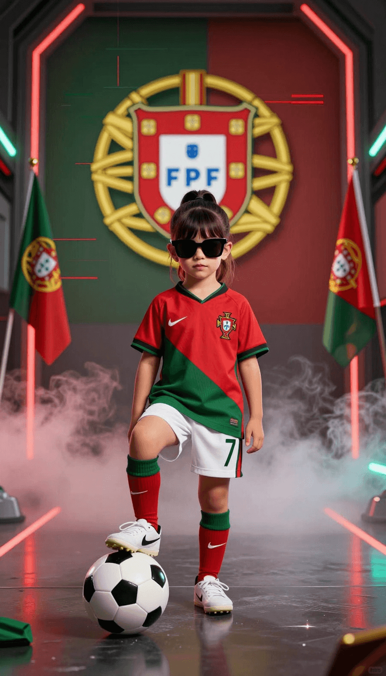 Opheliaai prompt:Ultra realistic cute little girl football champion, wearing Portugal national te…