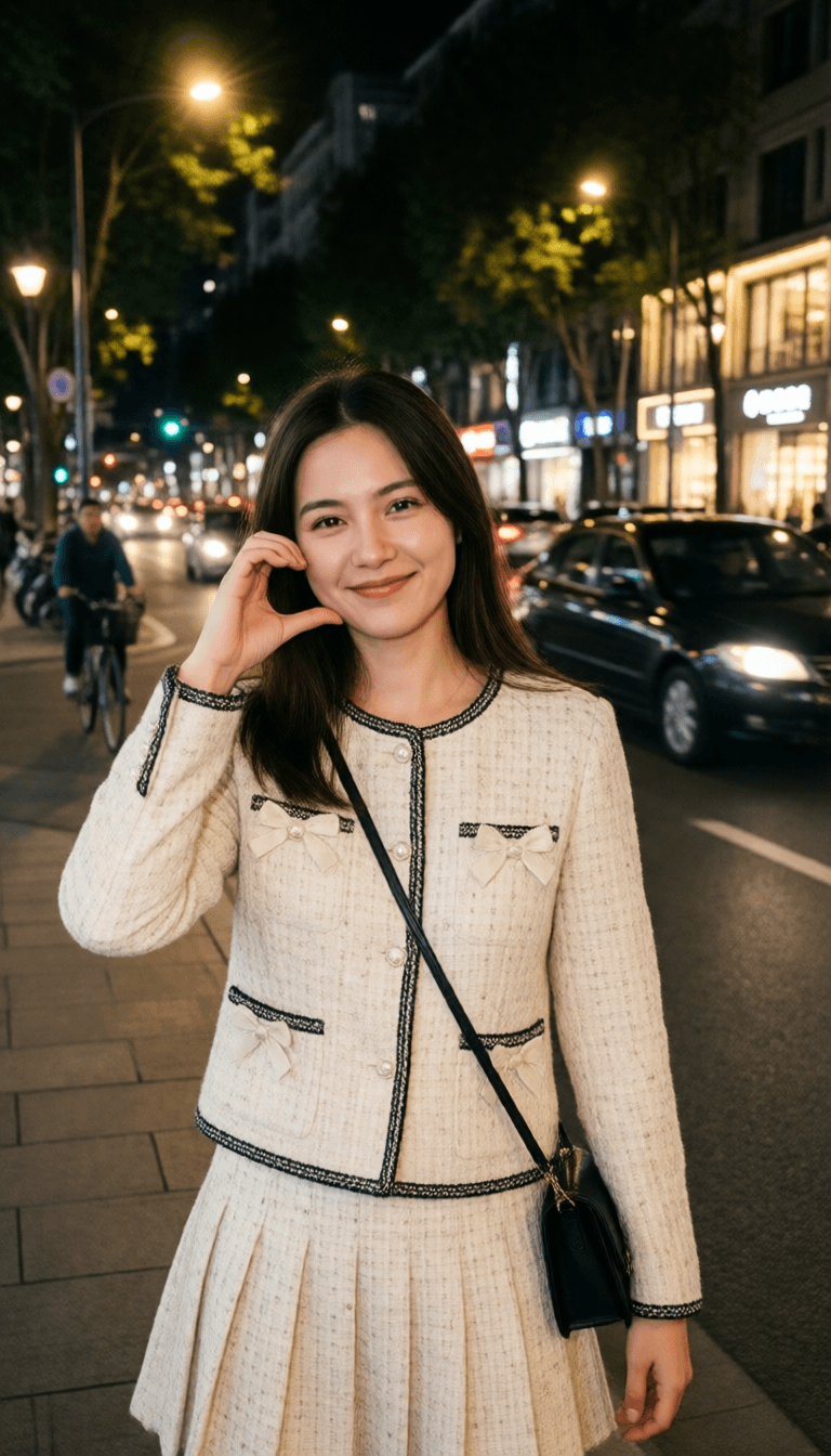 Opheliaai موجه:A photorealistic nighttime street portrait of a young woman standing on a lively…