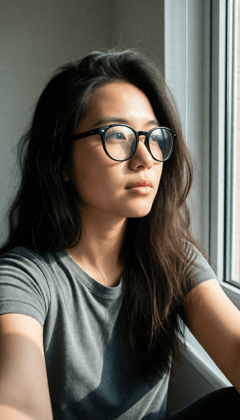 Opheliaai موجه:Ultra-photorealistic casual smartphone selfie of a young East Asian woman seated…