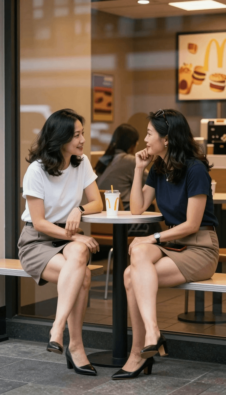 Opheliaai 提示詞:Ultra-realistic candid 9:16 street photograph of two adult East Asian women in s…
