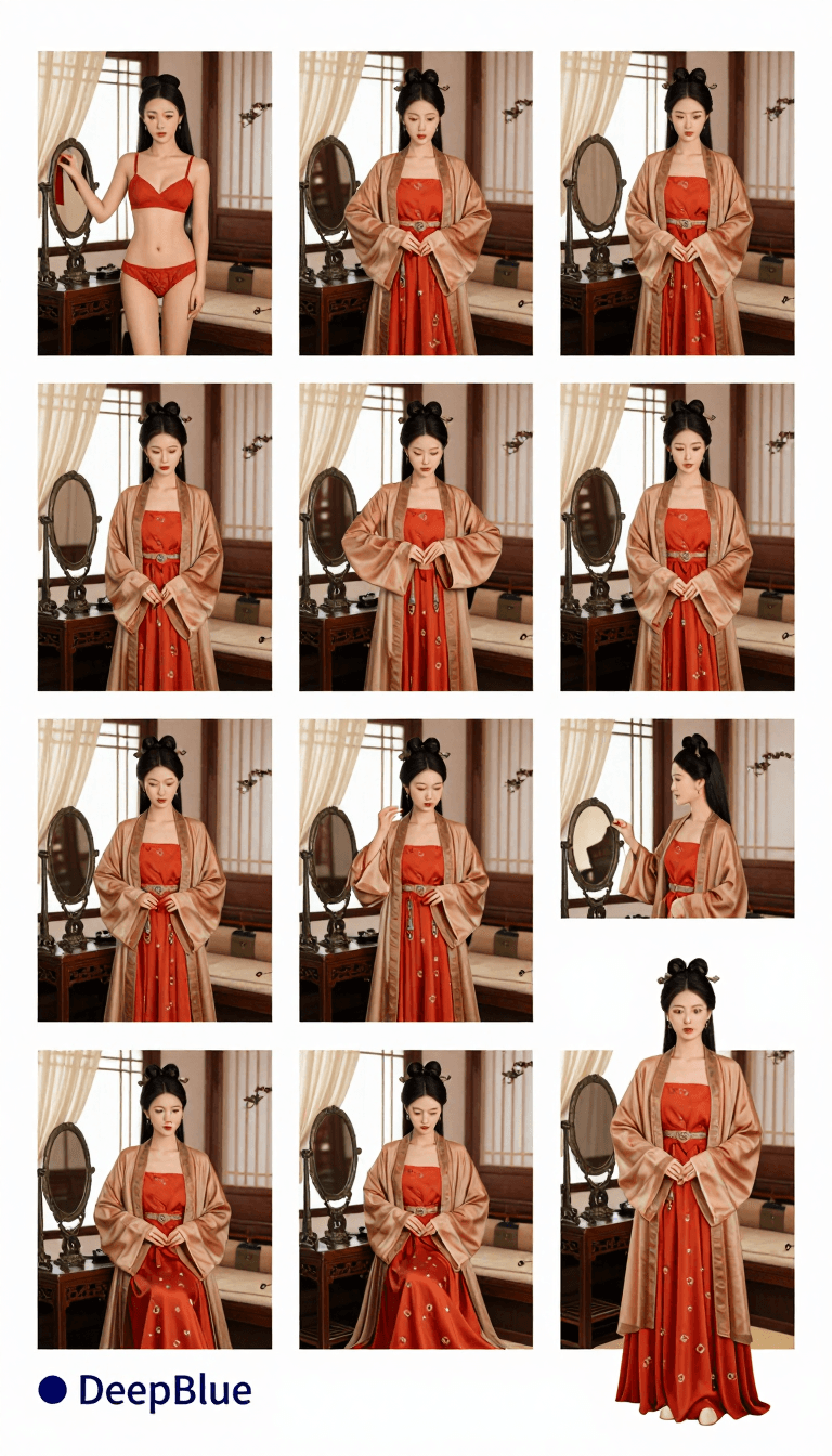 Opheliaai Prompt:[Ancient Style Dressing Process | Red Dress Mu Peiling · Ancient Boudoir] Profes…
