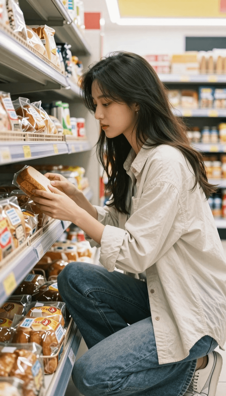 Opheliaai prompt:Please create an atmosphere of a beautiful woman picking out bread, glimpsed by…