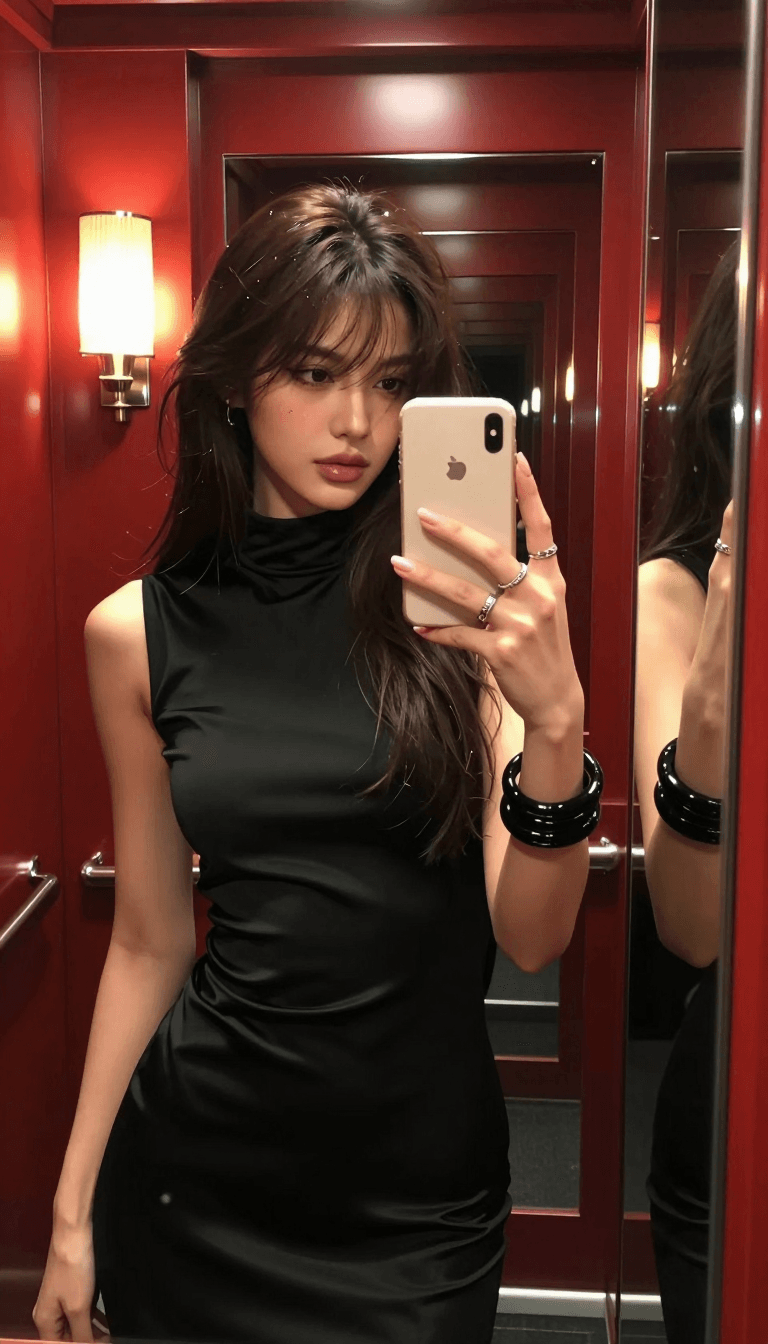 Opheliaai prompt:Ultra-realistic mirror selfie of a young adult woman standing inside a narrow, g…