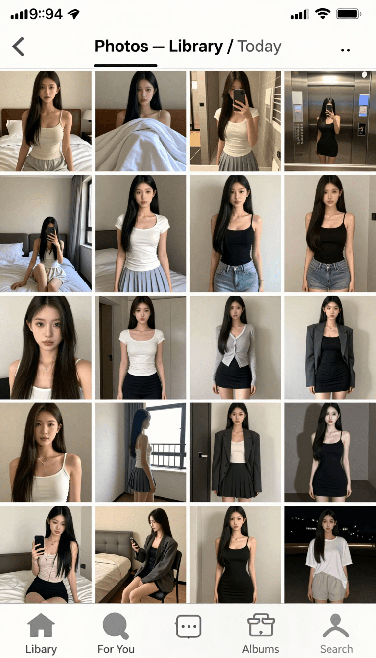 Opheliaai prompt:Turn the girl from the reference image into a full-day iPhone Photos album scree…