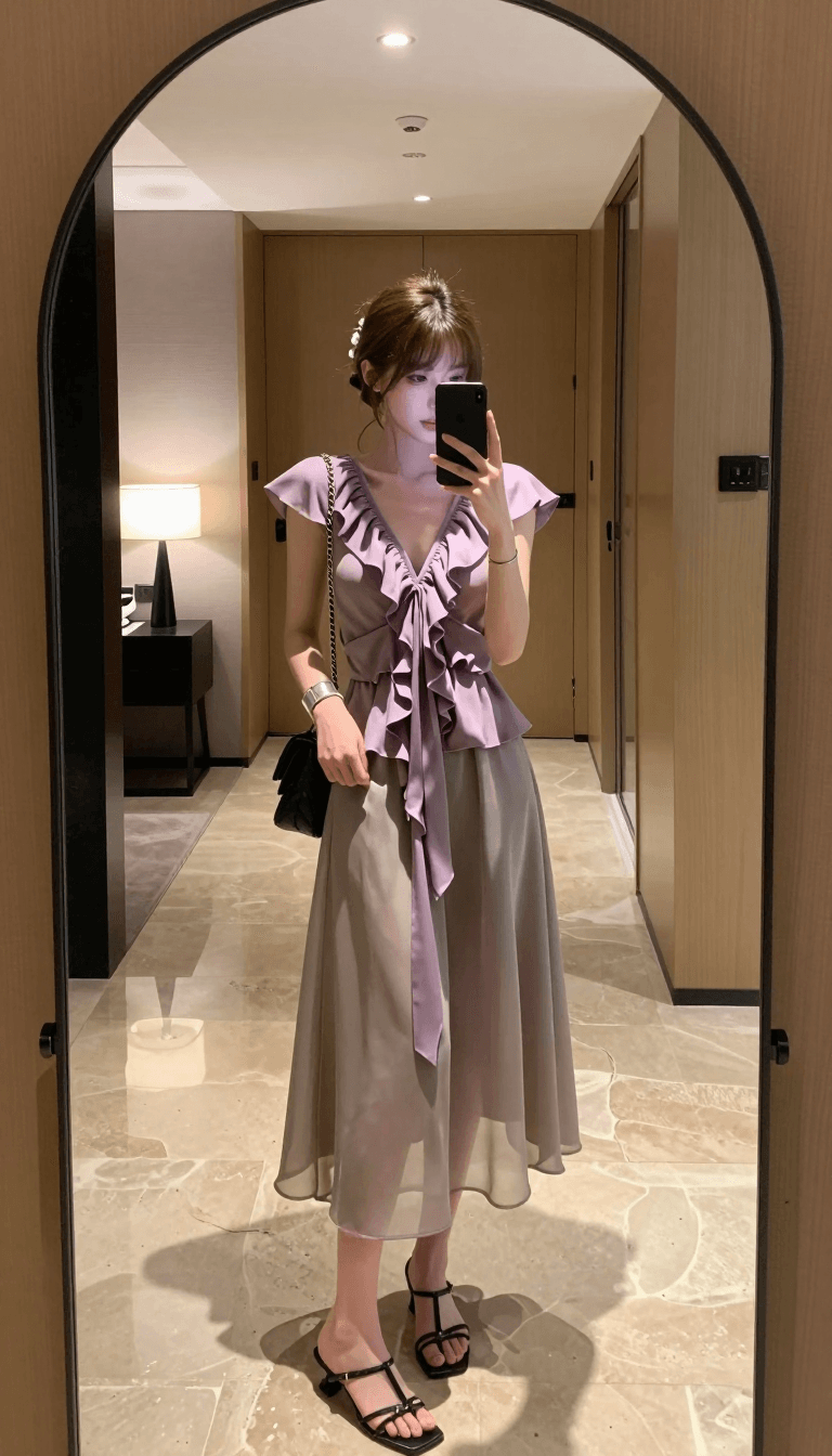 Opheliaai prompt:Theme: Mauve in the Mirror Subject: In the center of the frame, a young woman ta…
