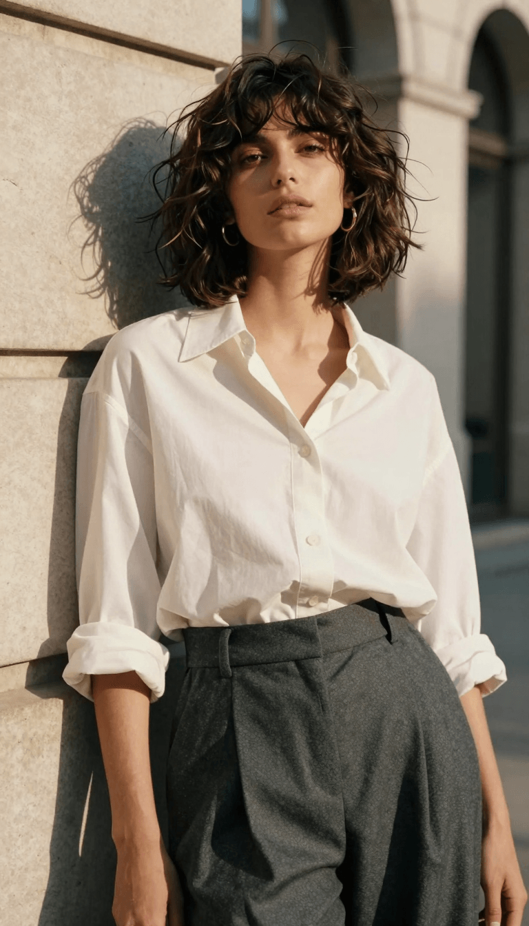Opheliaai Prompt:A medium-shot fashion editorial portrait of a young woman with a tousled, volumi…