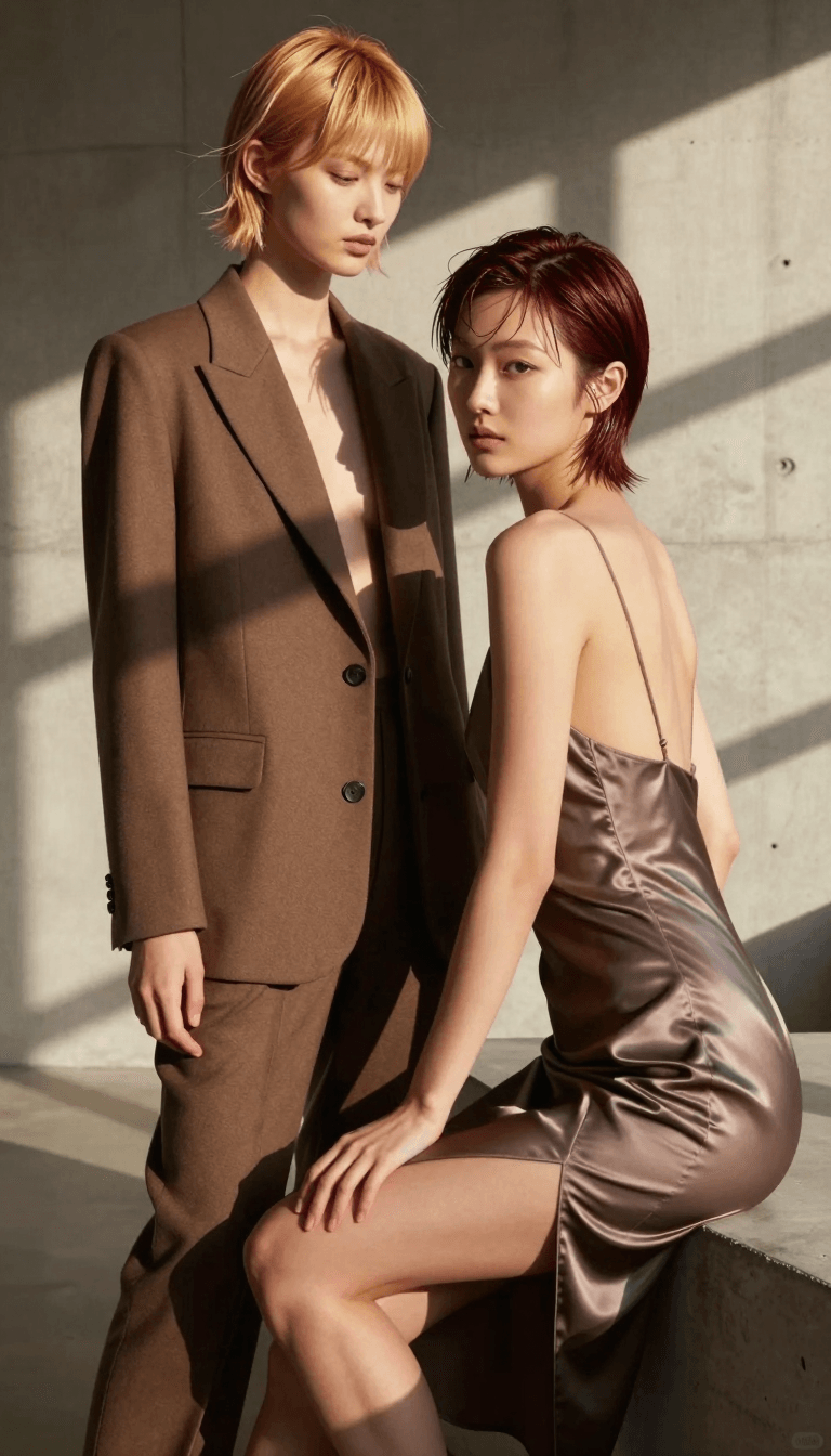 Opheliaai プロンプト:A editorial fashion photograph featuring two distinct adult East Asian women, ag…