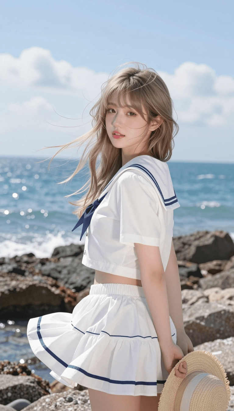 Opheliaai 提示詞:Theme: Sea breeze summer portrait Subject: At a clear seaside, a woman in her 20…