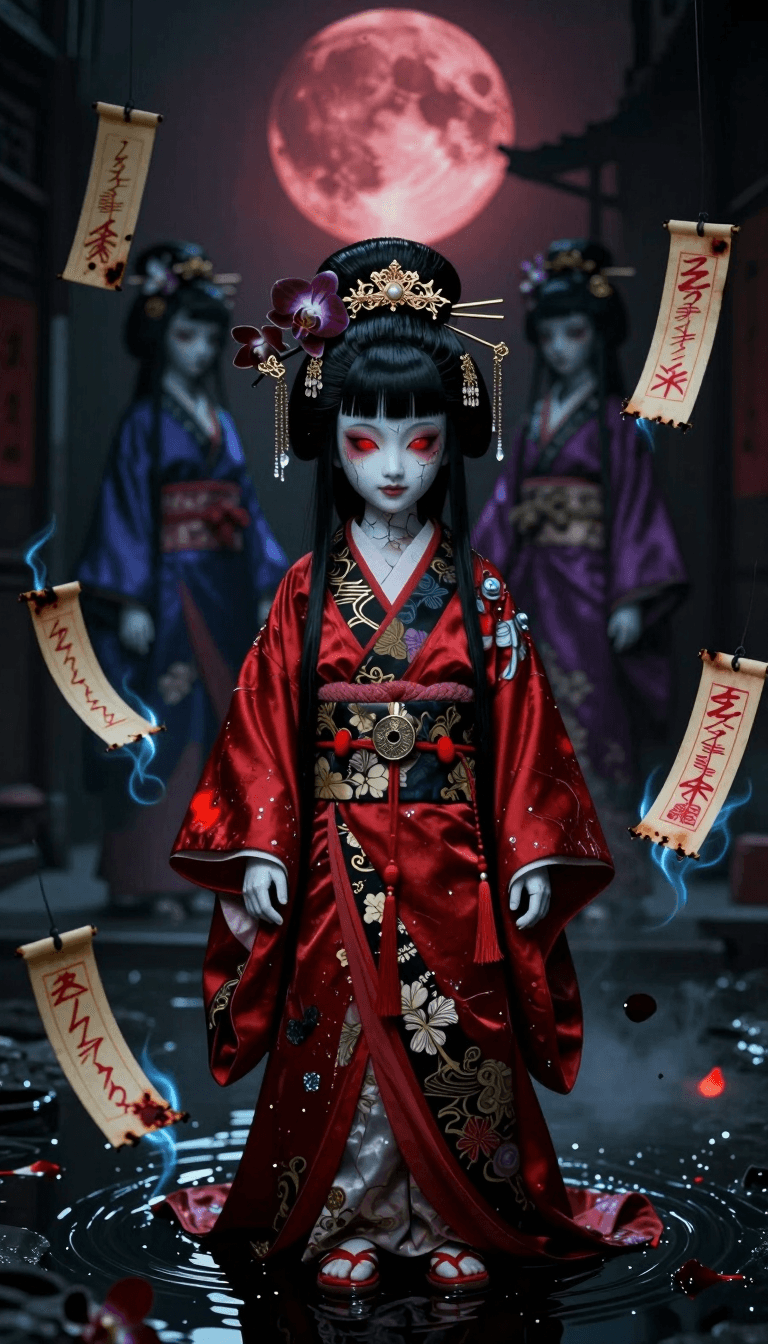 Opheliaai Prompt:A haunting porcelain-doll geisha child standing at the center of a flooded, ligh…