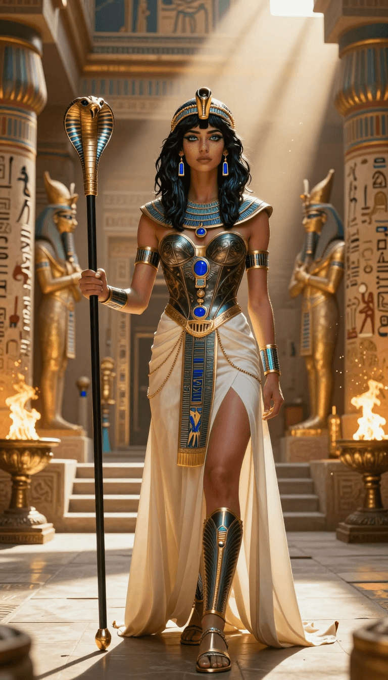 Opheliaai موجه:Epic fantasy portrait of an Egyptian warrior queen standing in a grand temple ha…