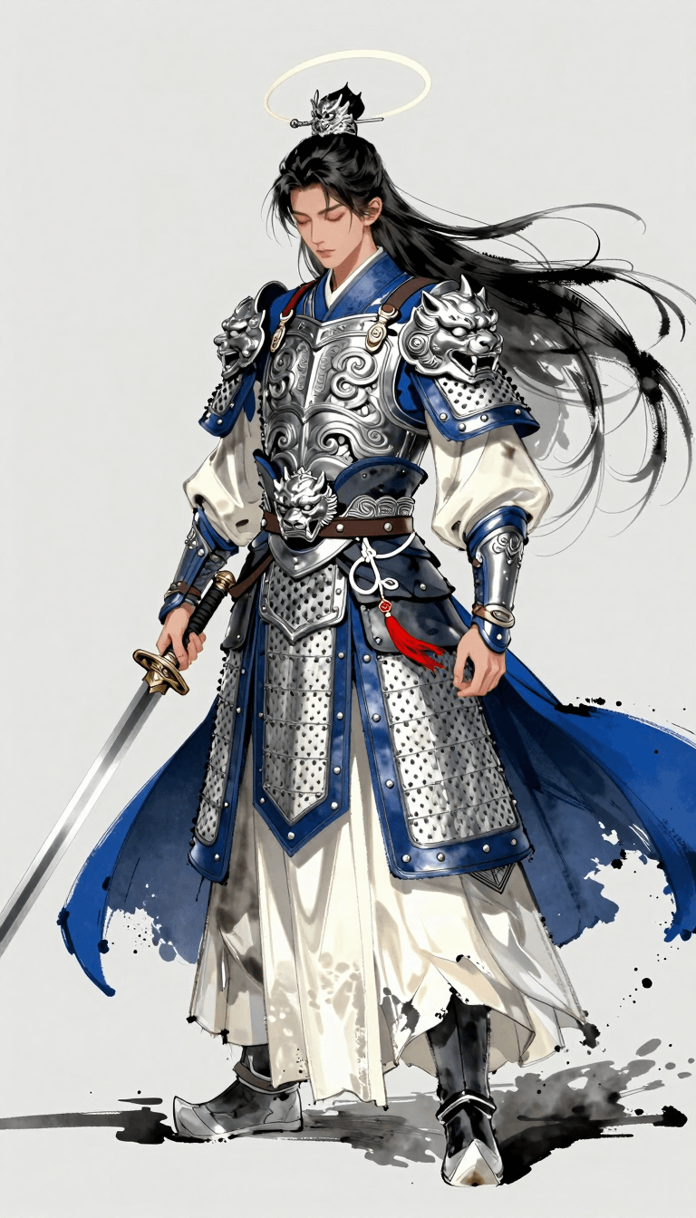 Opheliaai Prompt:Full-body character design of a young Chinese warrior general, standing in a dow…