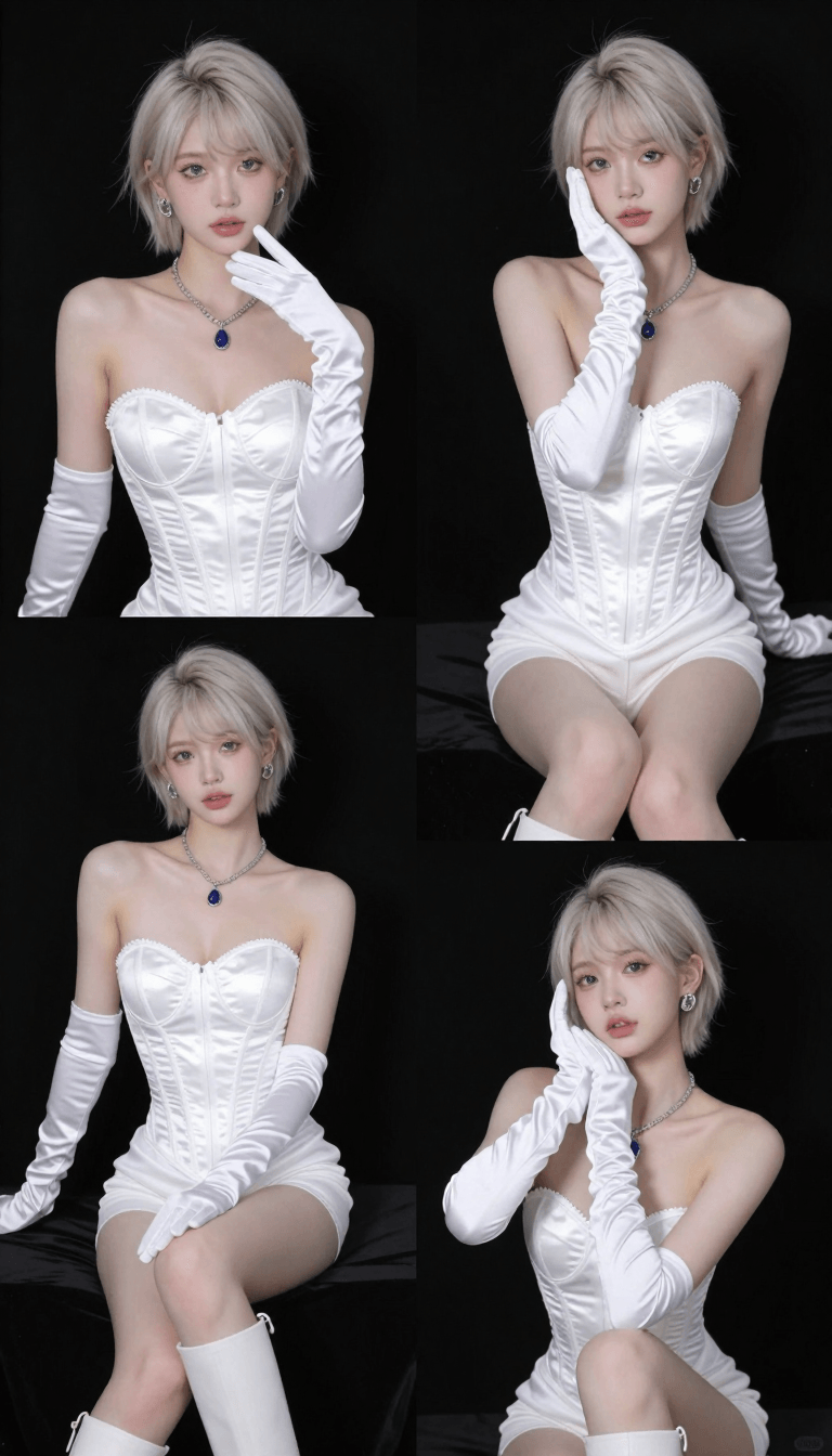 Opheliaai prompt:Soft glam fashion editorial sequence shots. Young woman with short platinum blon…