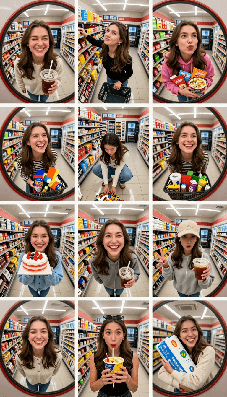 Opheliaai พรอมต์:Create an ultra-realistic 3×3 photo collage featuring the same woman from the up…