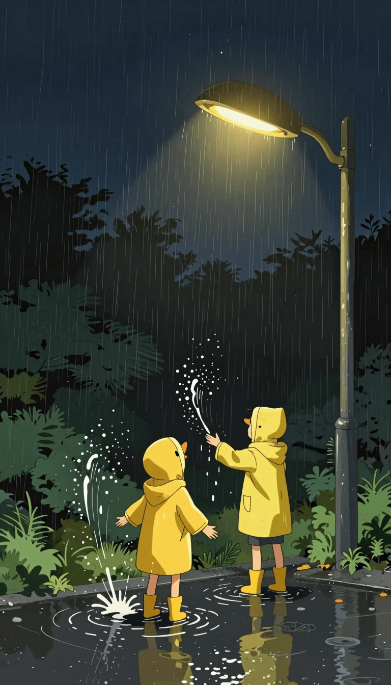 Opheliaai prompt:A scene of two people, A and B, playing by splashing in water after rain directl…