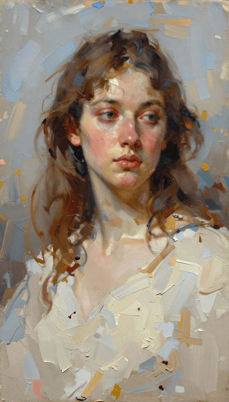 Opheliaai prompt:Sophisticated contemporary oil portrait painting with expressive, loose brushwor…