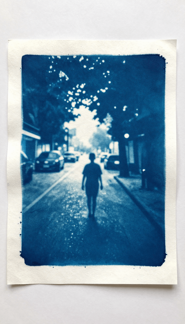 Opheliaai موجه:Transform the attached photograph into a single, authentic cyanotype sun print,…