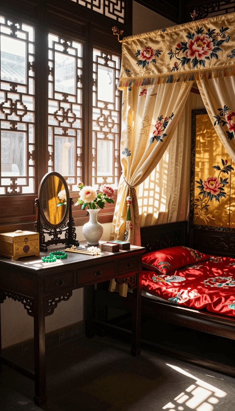 Opheliaai Prompt:Empty view of an ancient Chinese Jiangnan wealthy family's young lady's chamber,…