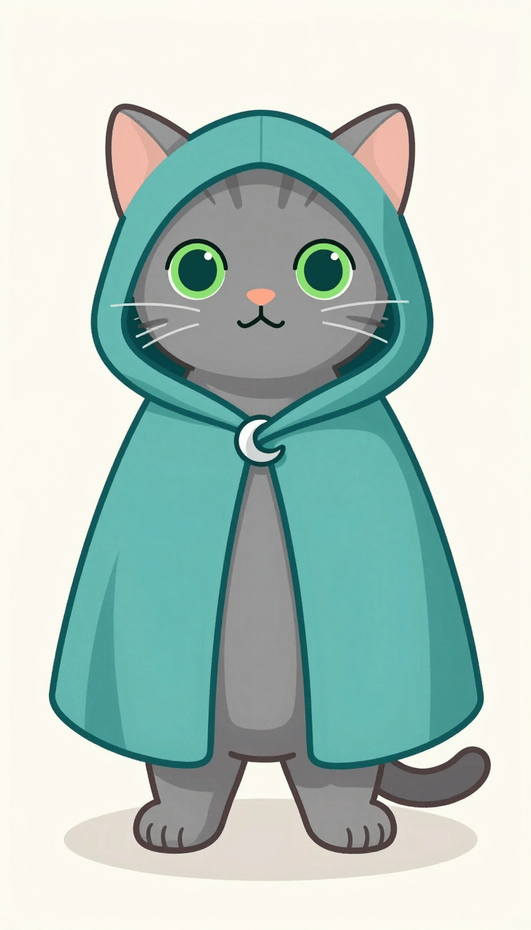 Opheliaai prompt:A cute gray cat character with green eyes, wearing a simple teal hooded cape wit…