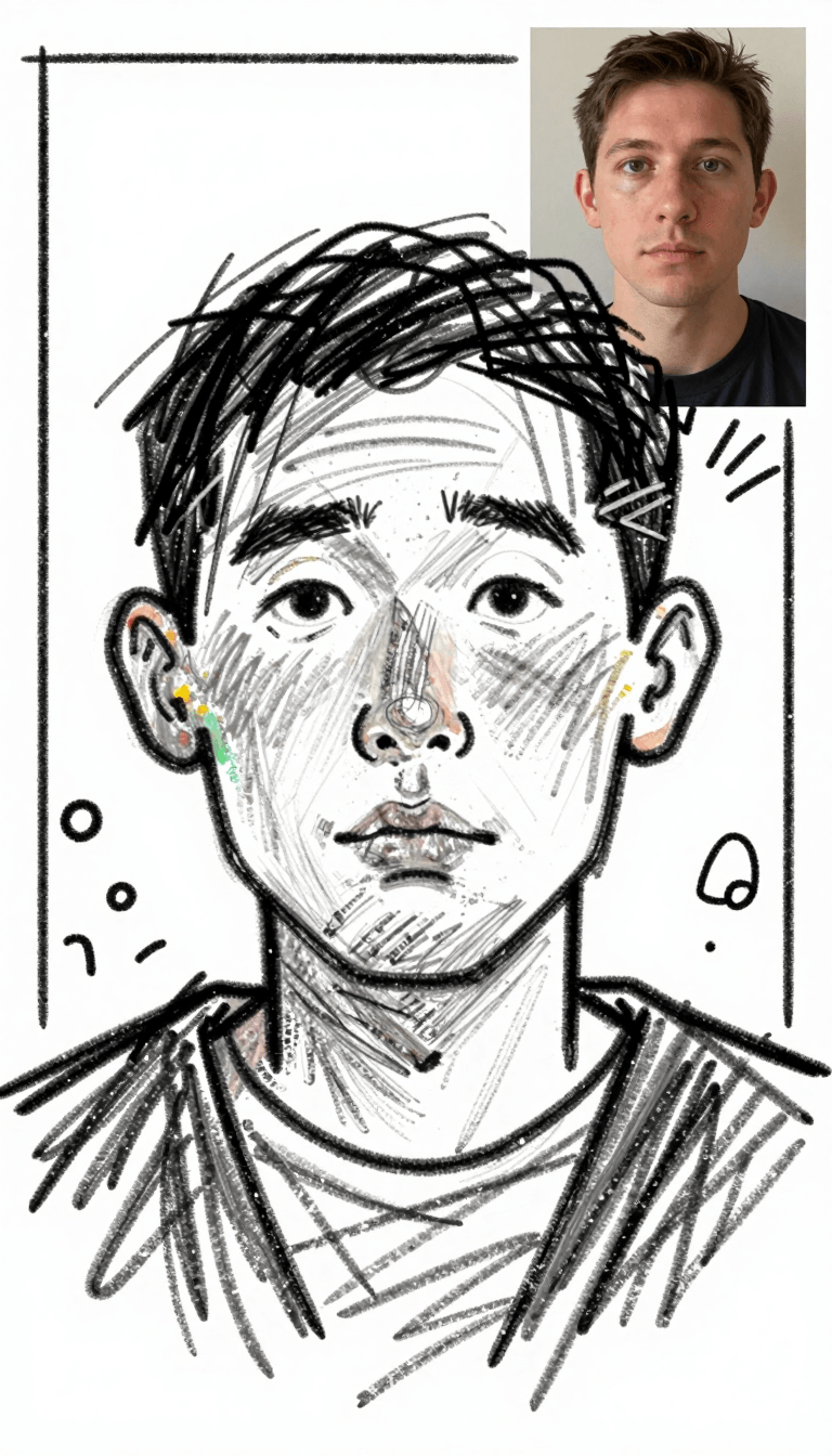 Opheliaai prompt:Transform this photo into a badly drawn, funny doodle-style illustration. Featur…