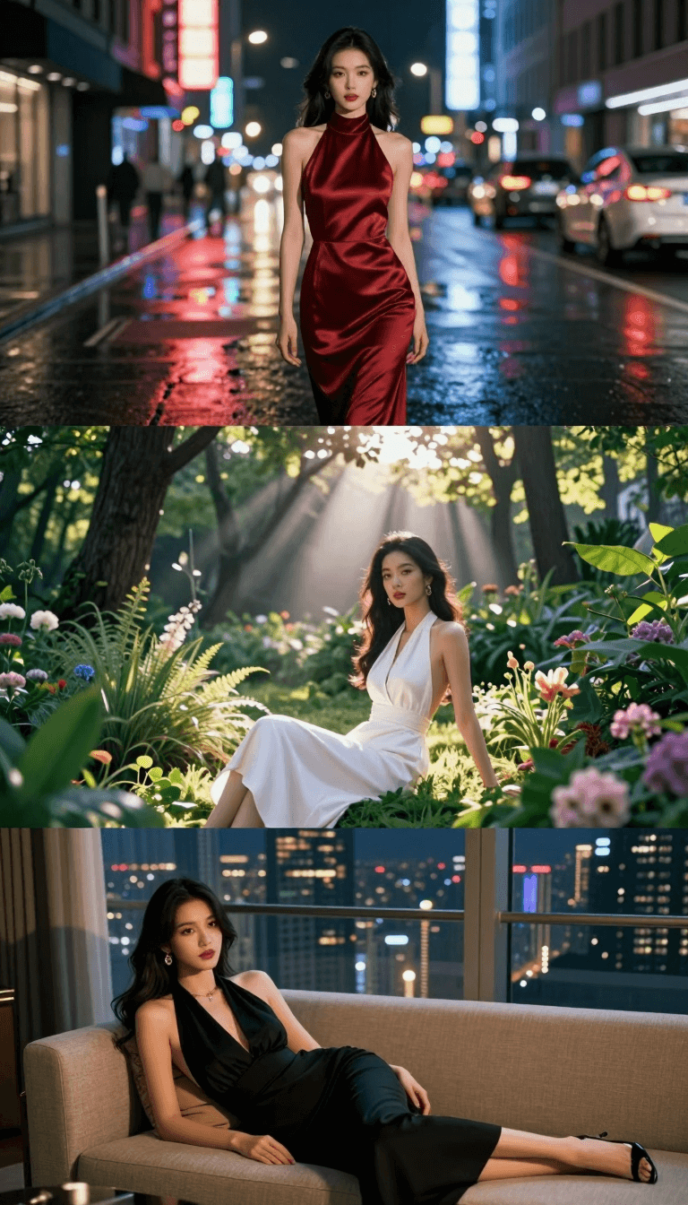 Opheliaai موجه:A cinematic three-panel triptych collage showcasing the same beautiful young wom…