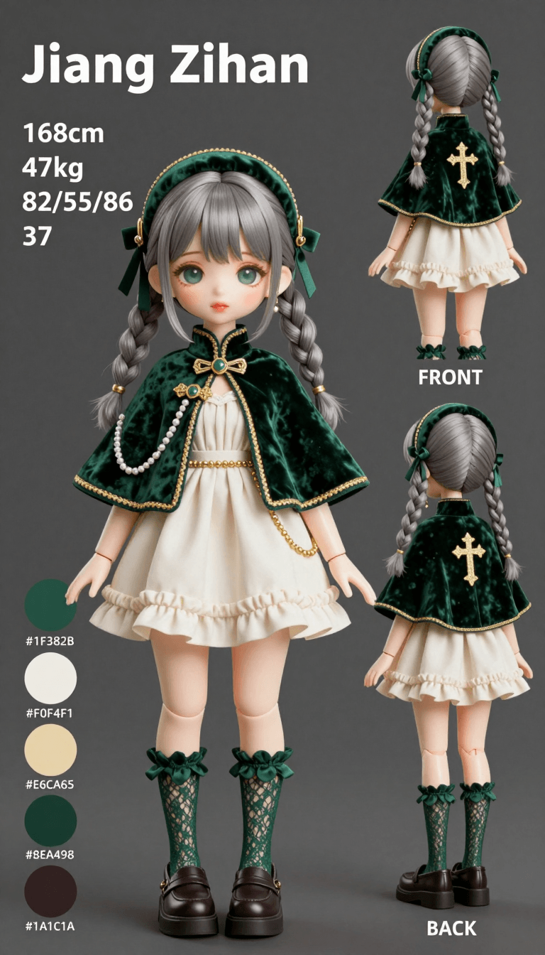 Opheliaai موجه:A 16:9 character reference sheet on a solid dark grey background. On the left si…