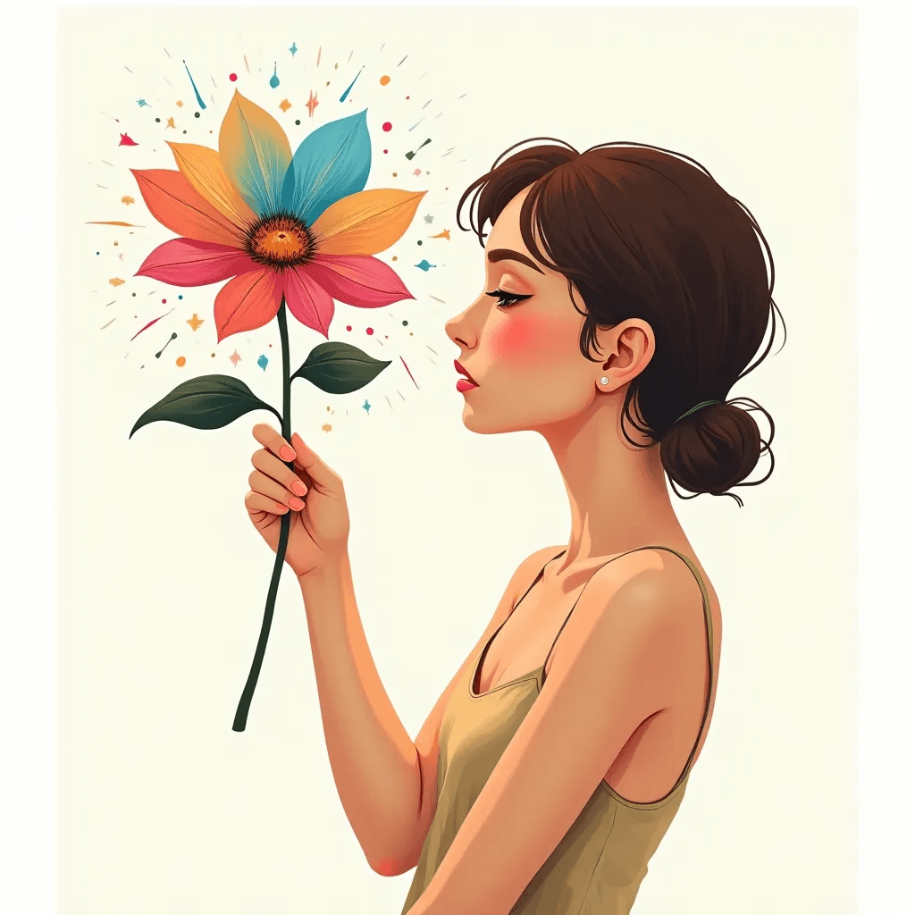 Ophelia gerador de imagens IA grátis – prompt:A poster work brimming with artistic flair features a girl holding a flower in t…