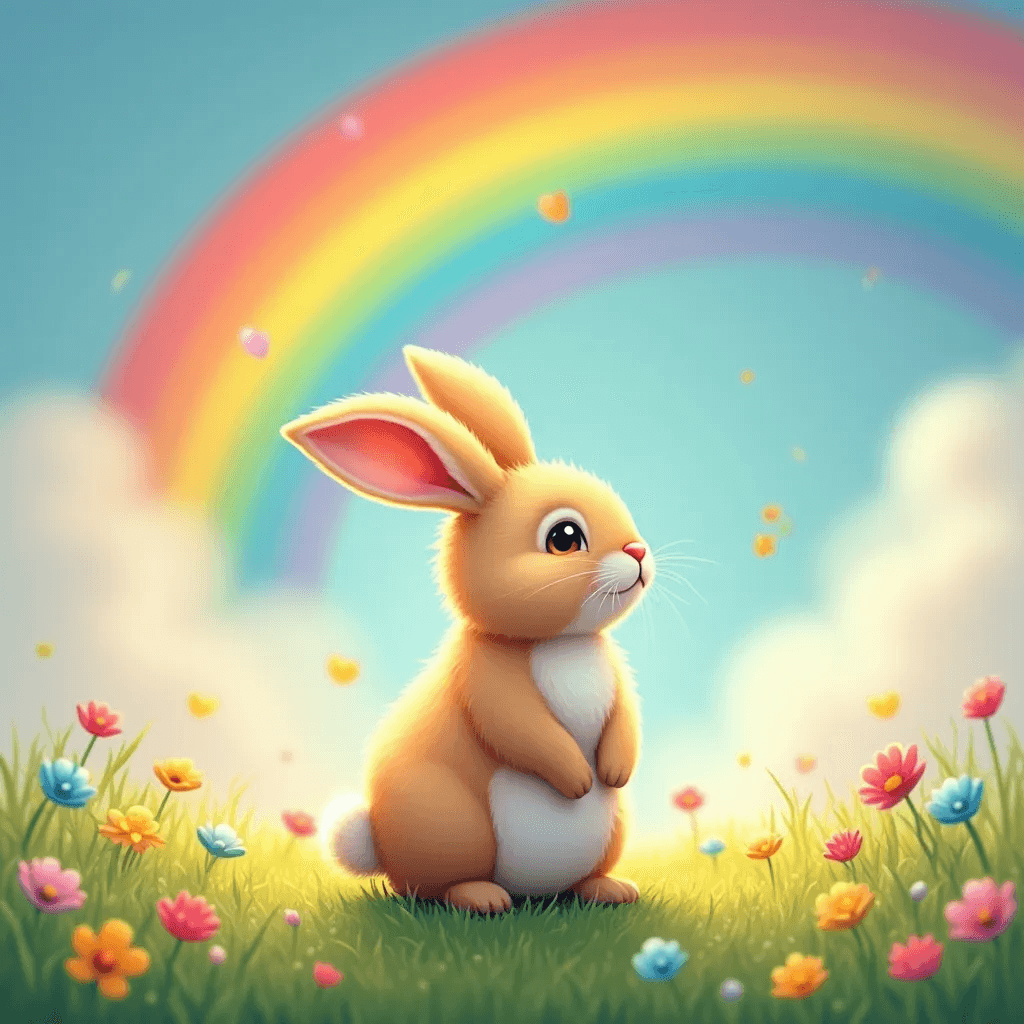 Ophelia free AI image generator prompt:The little rabbit under the rainbow, a fluffy bunny sitting at one end of the ra…